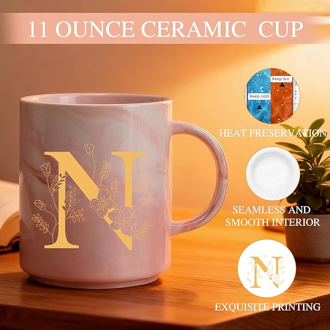 Monogrammed Christmas Gifts for Women, 11 oz Initial Ceramic Coffee Tea Mug with Necklace, Unique Birthday Gift for Her Wife Teacher Friend Mom, N