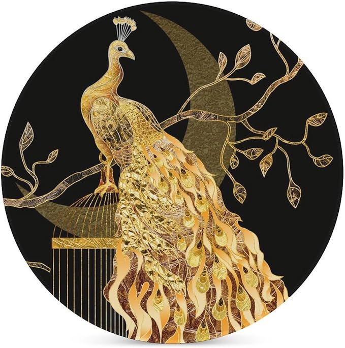Round-4PCS Peacock Drink Coasters, Round Modern Ceramic Absorbent Coasters, Vintage Tree Branch Beautiful Gold Peacock Decor Desk Coffee Table Coaster for Beverage Cup Tea Coasters