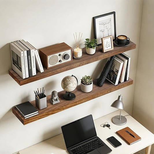 Floating Wall Shelf 48x6.8x1.7 Inch – Solid Wood Shelf in Dark Oak Finish – Extra Long Wall Mounted Rustic Display Shelf for Living Room, Kitchen, Bedroom, Office – Set of 2