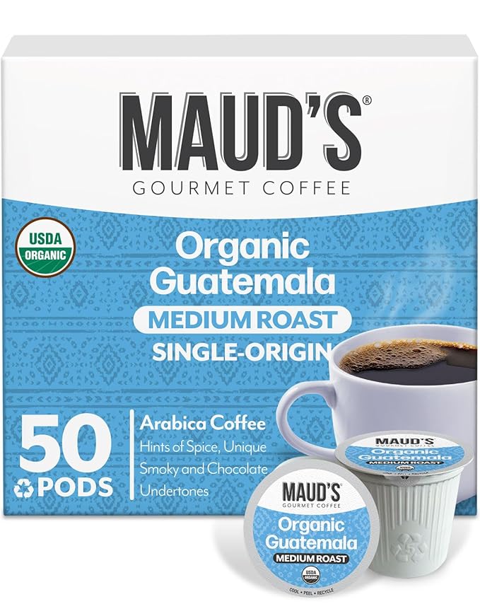 Maud's Organic Guatemalan Coffee Pods, 50 ct, Single Origin Guatemalan Medium Roast Coffee in Recyclable Single Serve Pods – 100% Arabica Beans, Compatible with Keurig K Cups Maker