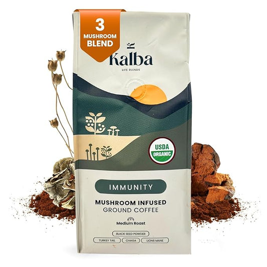 Kalba Organic Mushroom Coffee Grounds, Medium Roast 10 oz | Arabica Coffee with Lion's mane, Chaga, Turkey Tail, & Nigella Seed for Energy Boost & Immunity