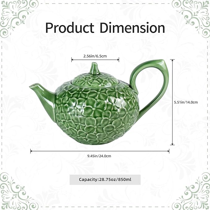 KAMMAK Teapot with Handle, Vintage Porcelain Tea Pot with Gold Trim, Blooming & Loose Leaf Teapot, Festive Holiday Serveware, Gifts for Women, Green - 28 oz