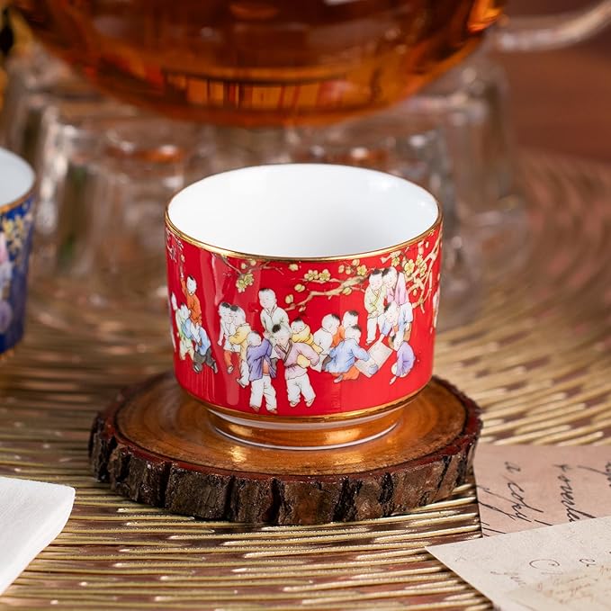 KAMMAK Tea Cups Set of 2, 3.53 Mini Ceramic & Porcelain Tea Mugs - Handleless Vintage, Non-Toxic Handcrafted Cups for Juice, Coffee, Gift(Red+Blue)
