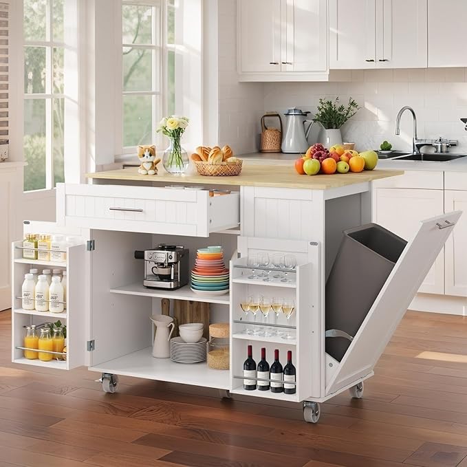 Kitchen Island with Storage, 43.3" Island Table for Kitchen with Widen Drop Leaf Rubberwood Top, Trash Can Storage and Towel Bar, Rolling Kitchen Island Cart on Wheels for Indoor Outdoor, White