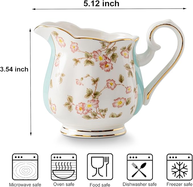 Retro Floral Porcelain Creamer Pitcher, Coffee Milk Pitcher Jug, Small Cream Syrup Dispenser for Serving Sauces Salad, Microwave & Freezer Safe, 10oz