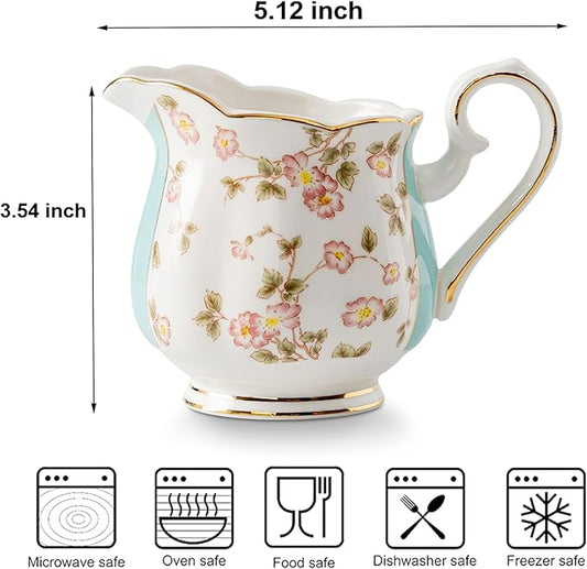 Retro Floral Porcelain Creamer Pitcher, Coffee Milk Pitcher Jug, Small Cream Syrup Dispenser for Serving Sauces Salad, Microwave & Freezer Safe, 10oz