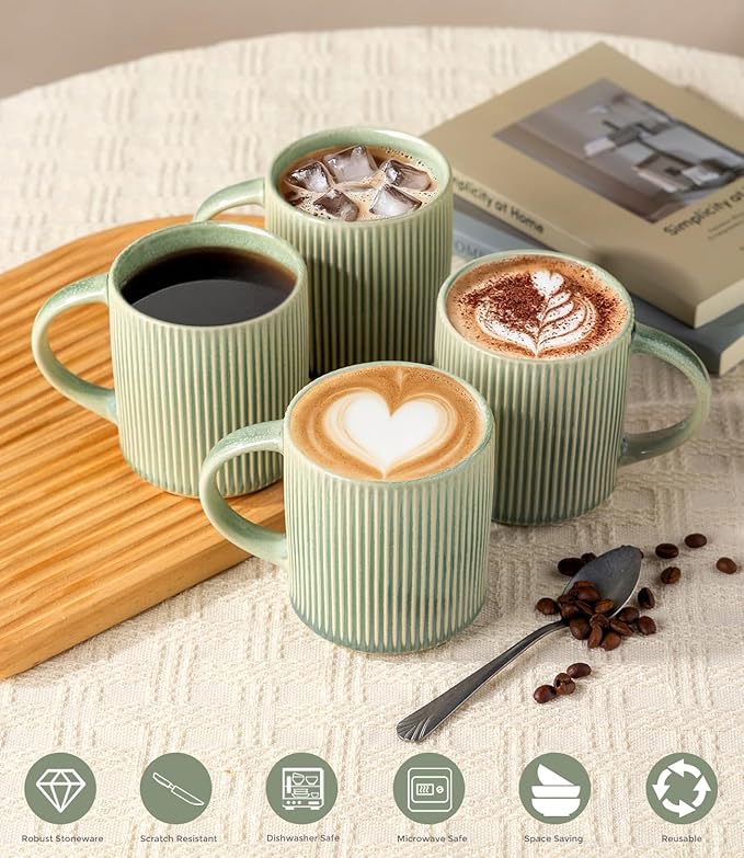 GBhome Coffee Mugs Set for 6, 12oz Coffee Cups with Handle for Man,Woman,Dad,Mom, Stoneware Mugs Sets for Coffee, Latte,Tea, Hot Cocoa, Milk, Dishwasher&Microwave Safe,Light Green