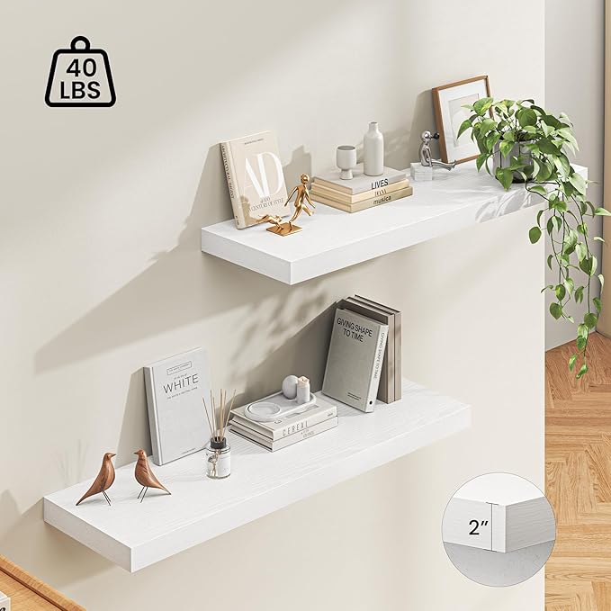 Dreamland 48" Floating Shelves for Wall, 12" Deep Thicker White Floating Shelves, Wall-Mounted Shelves for Bedroom, Living Room, Kitchen, Bathroom - Set of 2