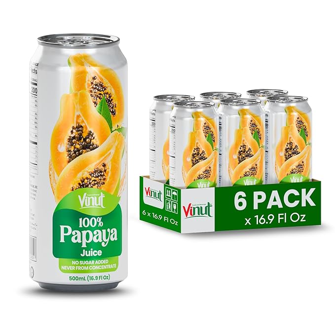 VINUT 100% Papaya Juice, No Added Sugar, Not From Concentrate, 16.9 fl oz (500 mL) Can, Pack of 12