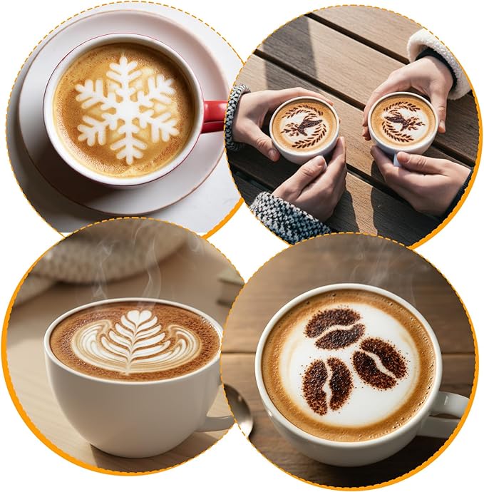 4 Pcs Coffee Stencils,Large Coffee Stencils Latte Art,Lattes Stencilss with Various Patterns for Cappuccino Chocolate Lattes Cake Decorating Coffees Shop and Home Use(Gold,4.53IN)