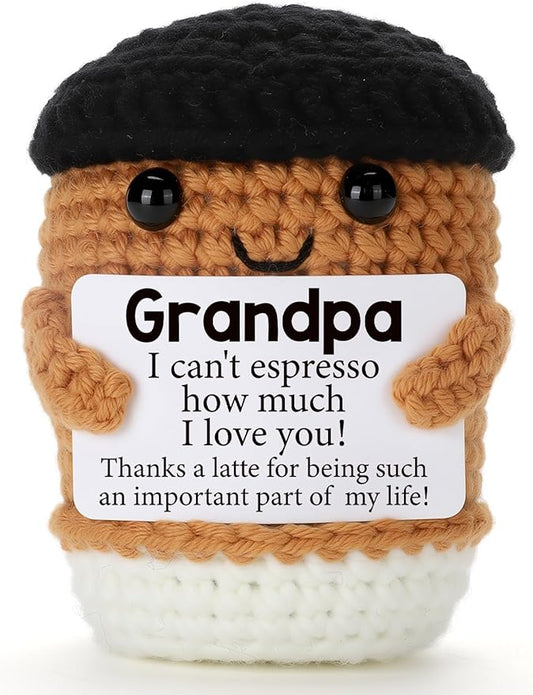 Mini Coffee Grandpa Gifts from Granddaughter Grandson Grandkids, Birthday Fathers Day Handmade Crochet I Love You Grandfather Gifts for Grandpa, Emotional Positive Crochet Coffee Decor Gift