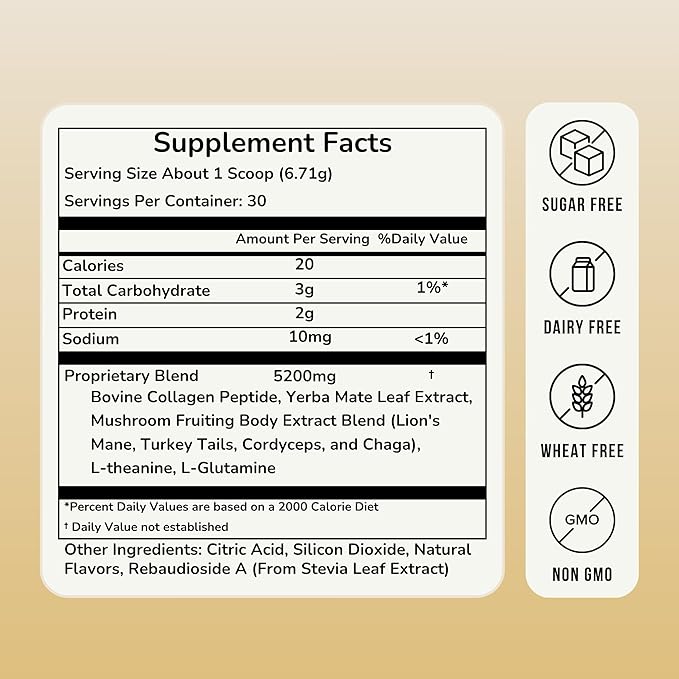 MycoMate Lifted Lemonade Instant Yerba Mate Powder with 4 Functional Mushrooms, Collagen & Adaptogens Clean Energy Drink Mix for Focus, Gut Health & Immunity No Sugar 30 Servings