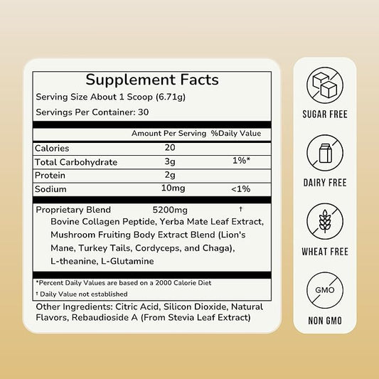 MycoMate Lifted Lemonade Instant Yerba Mate Powder with 4 Functional Mushrooms, Collagen & Adaptogens Clean Energy Drink Mix for Focus, Gut Health & Immunity No Sugar 30 Servings
