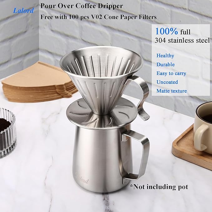 Pour Over Coffee Dripper, 304 Stainless Steel wIth 100 pcs V60 Paper Filters (Coffee Dripper)