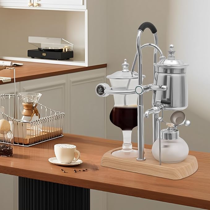 TFCFL Balance Siphon Coffee Maker, 13.53oz Vintage Gravity Coffee Maker with faucet & measuring cup, for Offices Lounge Bars & Cafes (Silver)