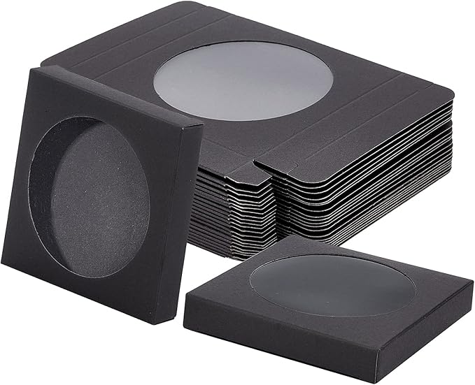 BENECREAT 24 Pack Black Kraft Paper Boxes with Clear Window 3.5x3.5x0.6" Paper Gift Packaging Boxes for Wedding Party Candy Cookies Favor Treat