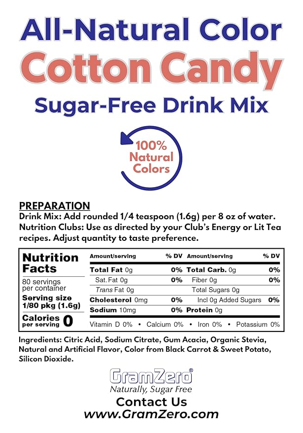GramZero Cotton Candy Zero Calorie Sugar Free Drink Mix, Great For Nutrition Club Loaded Tea, Stevia Sweetened