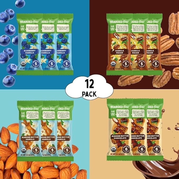 Bearded Brothers, Organic Vegan Protein Energy Bars, 4 Flavor Variety (12 Pack) - Gluten Free, Paleo, Fiber, Whole 30 | Non GMO Low Glycemic Snacks (Packaging May Vary)