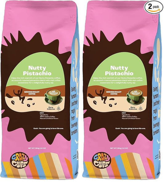 Crazy Cups Flavored Ground Coffee, Pistachio Coffee in 10 oz Bag, For Brewing Hot or Iced (Pack of 2)