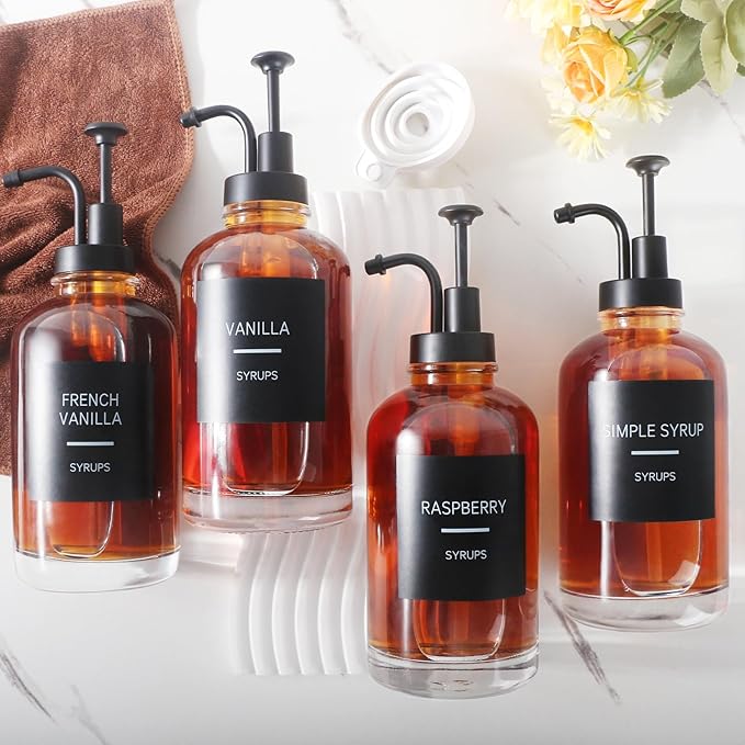 4PCS Coffee Syrup Dispenser, Glass Syrup Dispenser for Coffee Bar w. Labels and Pump, 16.9 oz 500ml Syrup Pump Dispenser, Coffee Bar Accessories Simple Syrup Bottle w. Pump, Ideal Gift