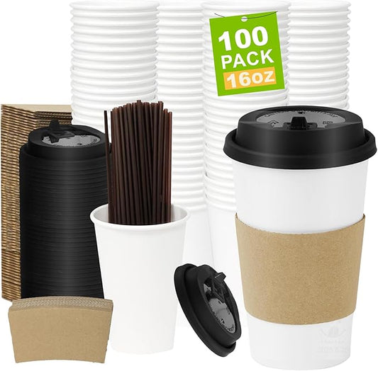 16 oz PLA White Biodegradable Cups 100 Packs Commercial Grade Compostable for Coffee Tea Smoothie Bars