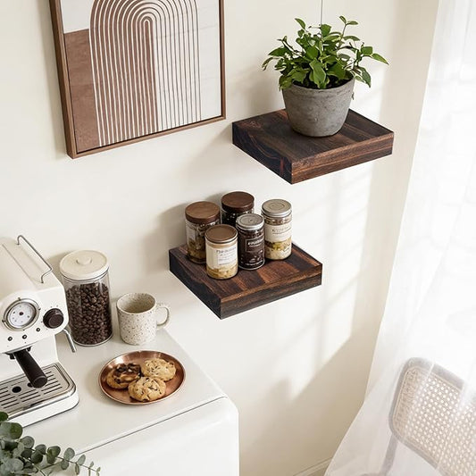 Floating Wall Shelves 6.8x6.8x1.7 Inch – Solid Wood Square Shelves in Walnut Finish – Rustic Mini Display Shelves for Entryway, Bathroom, Small Spaces – Set of 2