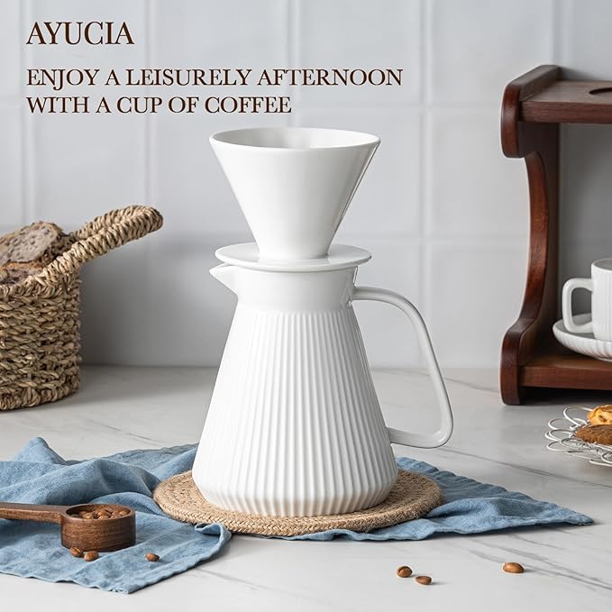 Pour Over Coffee Maker Set, Ceramic Coffee Dripper with Pot Set, 22OZ White Cream Pour Over Coffee Brewer for Home Café Restaurant Camping, Size 02