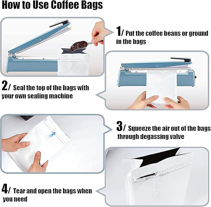 White Kraft Paper Stand Up Coffee Bag/Flat Bottom Coffee Pouch with One Way Degassing Valve and Reusable Side Zipper(Pull Tab to Open) (4oz, 0.25lb, 50 Pieces)