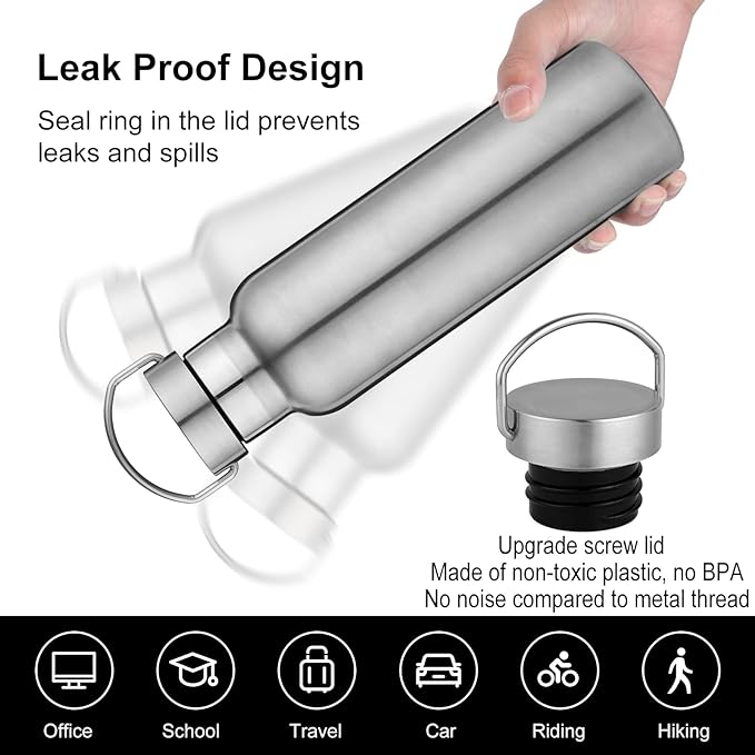 Neihepal 20 oz Insulated Water Bottles Bulk 4 Pack,Stainless Steel Double Wall Sport Bottle with Lid of Handle,Metal Reusable Thermoses Flask with Cup Cap for School,Hikers,Gift (Silver,Set of 4)