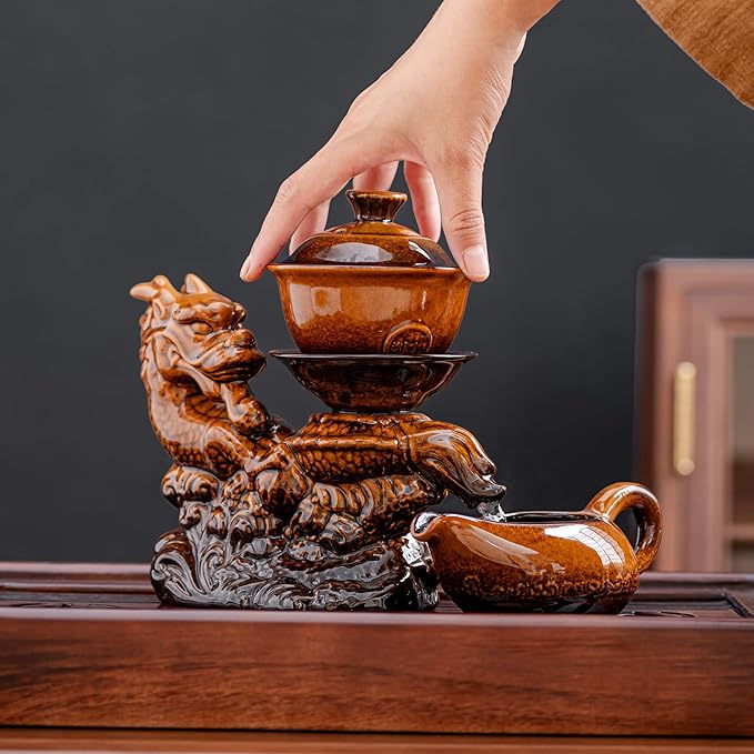 Ceramic Teapot with Infuser Semi Automatic Tea Set Magic Teapot with 8 cups Gradient Color (Yellow Dragon- B)