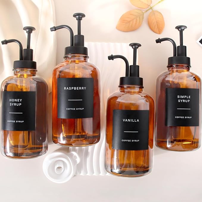 GYOSUGANG Coffee Syrup Dispenser, Set of 4 Amber Glass Syrup Bottle w. Pump and Labels, 16.9 oz 500ml Glass Syrup Bottle with Pump, Farmhouse Syrup Dispenser for Coffee Bar, Ideal Gift