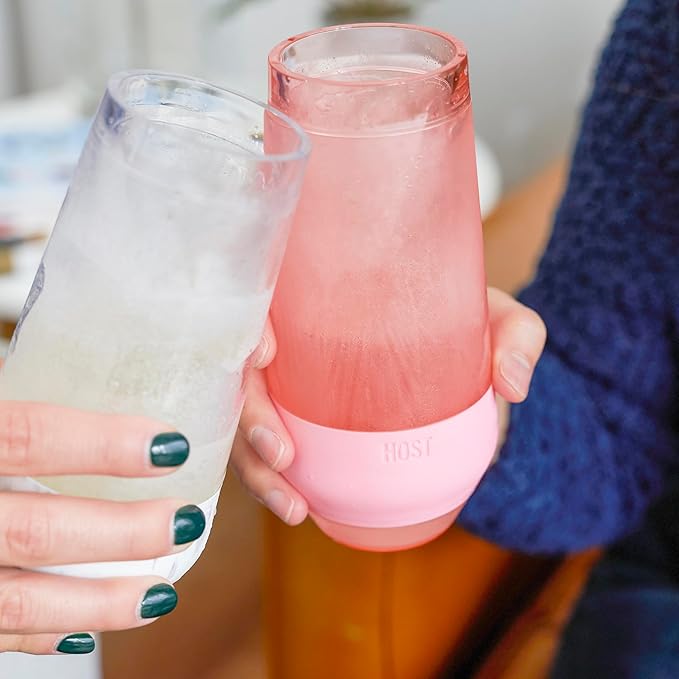 HOST Champagne Freeze Double-Walled Stemless Wine Glasses Freezer Cooling Cups with Active Cooling Gel and Insulated Silicone Grip, 9 Oz Plastic Tumblers, Blush Tint, Set of 2