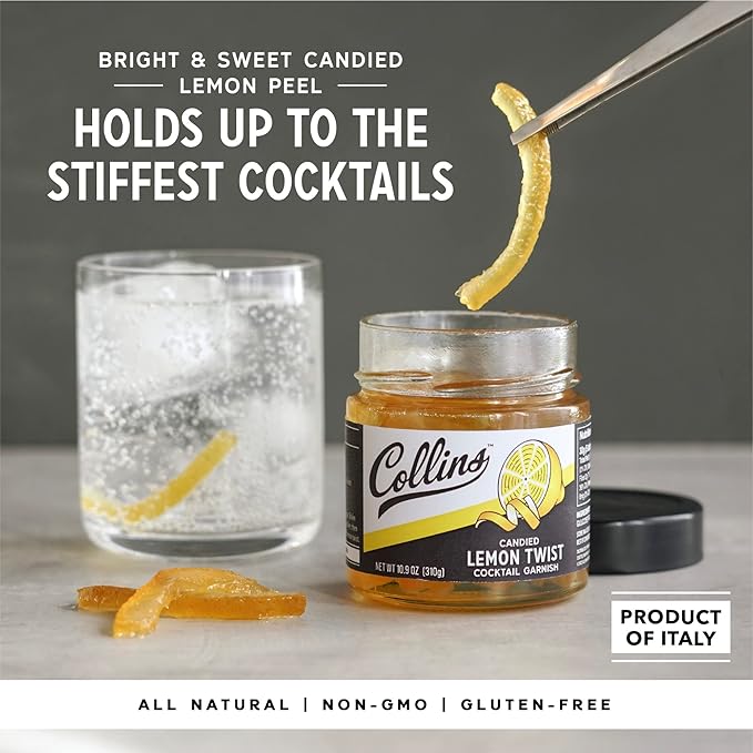 Collins Lemon Twist in Syrup, Popular Cocktail Garnishes for Drinks, Skinny Margaritas, Martinis, Lemon Drops, Whiskey Sours, Old Fashioned, Mocktails, Perfect for Desserts, Baking Supplies, 10.9 oz