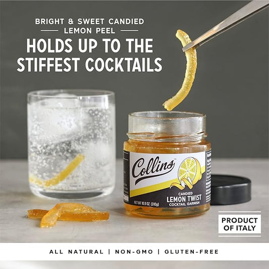 Collins Lemon Twist in Syrup, Popular Cocktail Garnishes for Drinks, Skinny Margaritas, Martinis, Lemon Drops, Whiskey Sours, Old Fashioned, Mocktails, Perfect for Desserts, Baking Supplies, 10.9 oz