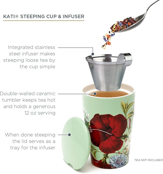 Tea Forte Double-Walled Ceramic Kati Cup, Removable Stainless Steel Infuser Basket and Lid, Steeps 12 oz Loose Leaf Tea, Dishwasher & Microwave Safe, Fleur
