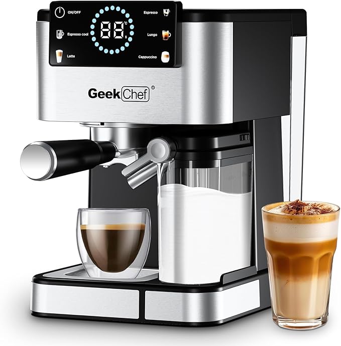 Geek Chef Espresso Machine with Automatic Milk Frother, 20 Bar Coffee & Espresso Maker, Cappuccino/Latte/Iced Coffee Machine, TouchScreen, ESE POD, Instant Heating for Home Barista