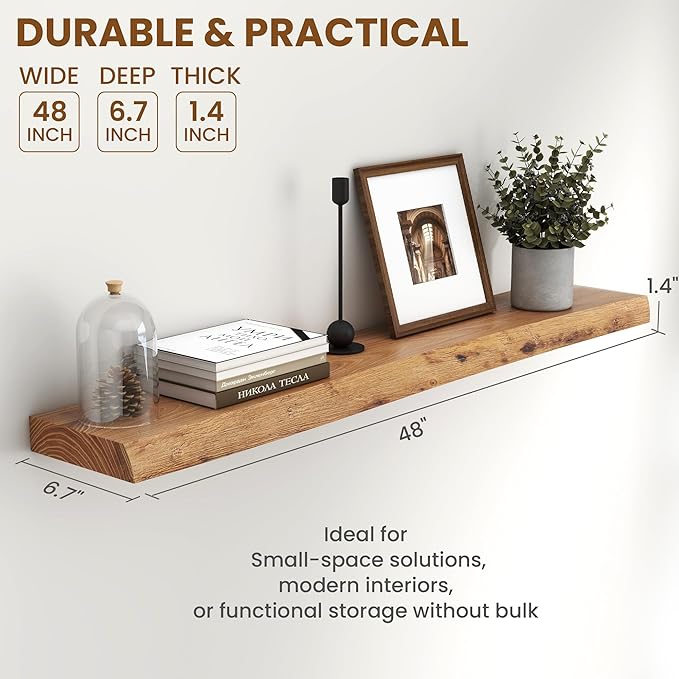 Rustic Elm Wood Floating Shelves 48 Inch, Wall Mounted Live Edge Floating Shelf for Bathroom Living Room Kitchen, Long Wooden Wall Shelves with Heavy-Duty Bracket for Books Decor Storage, Natural