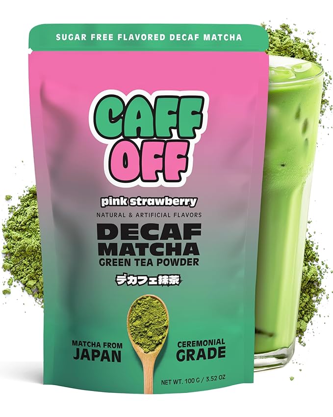 Caff Off Decaf Strawberry Matcha Green Tea Powder From Japan – 3.52 oz / 100 g – Ceremonial Grade & Sugar-Free – No Fillers or Milk Powders – Naturally Decaffeinated Without Chemicals – Tested for Heavy Metals – First Harvest, Shade-Grown & Caffeine-Fr...