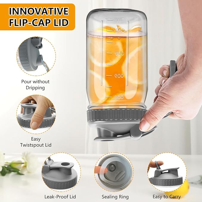 1Pc Wide Mason Jar Pitcher,32oz Glass Pitcher with Lid Double Leak-proof with Handle Water Jug Wide Mouth Breast Milk Fridge Container for Water, Juice (32oz Grey)