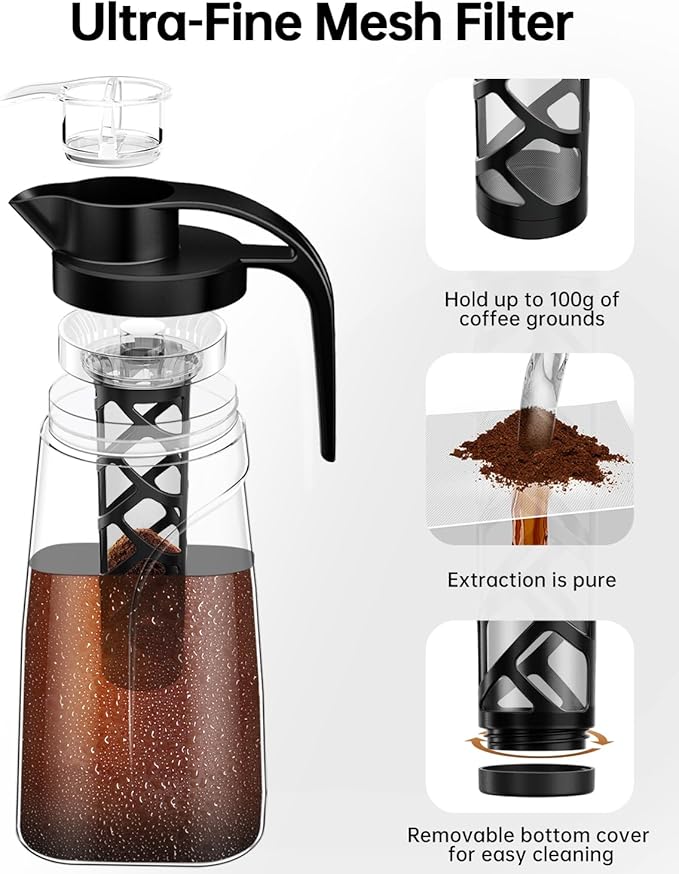YURICK Cold Brew Coffee Maker, 70 oz (2100 ml) BPA Free Tritan Pitcher, Iced Coffee Maker and Tea Brewer, 100% Leak-Proof, Easy to Clean Reusable Mesh Filter, Black (2 Pack)