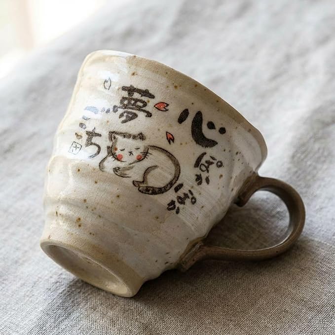 Cat Mug Set of 2, Japanese Handmade Ceramic Coffee Mug, Japanese Tea Cups, 8.8 oz