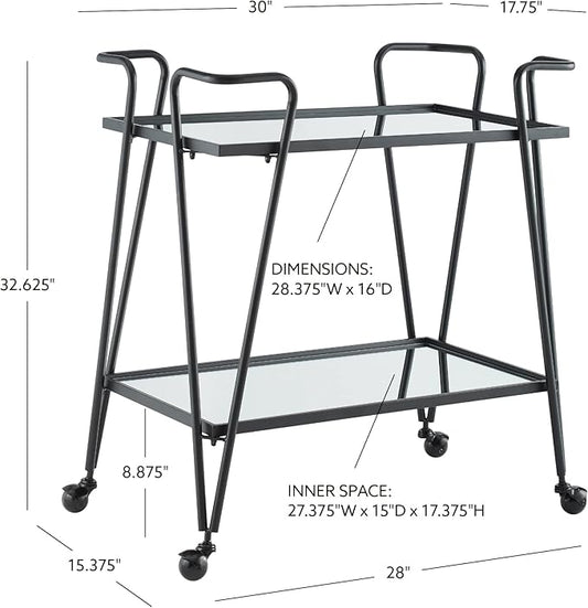 Gina Black Mid Century Bar Cart with Mirrored Shelves by Linon