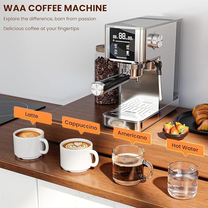 WAA 20 Bar Craft Barista-Grade Espresso, Upgraded 1350W Espresso Machine Stainless steel with Steam Frothing Wand, 1.2L Water Tank and Cup Warmer, Suitable for Espresso, Cappuccino and Latte (Silver)