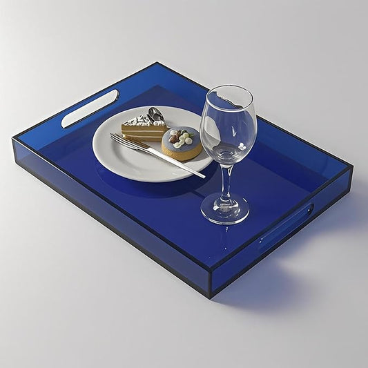 Sturdy 16" Acrylic Serving Tray with Handles - Ottoman Coffee Table Organizer for Food, Tea, Snacks, Vanity & Kitchen Countertop - Multi-Use for Bathroom, Living Room, Bar Parties (Dark Blue)