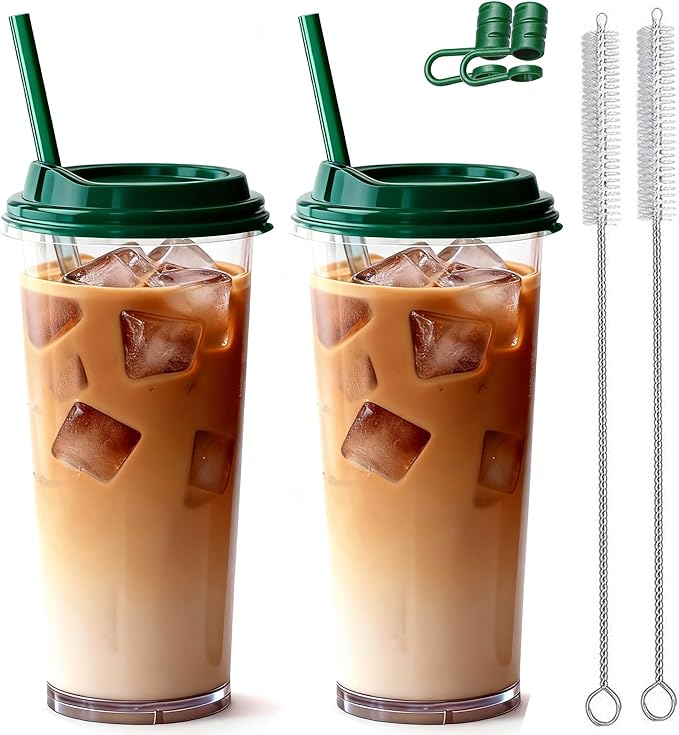 24oz Tumbler with Lid and Straw, Leak Proof and Double Wall Insulated Reusable Plastic Cups,Travel Reusable Iced Coffee Cup (2, Bottle Green)