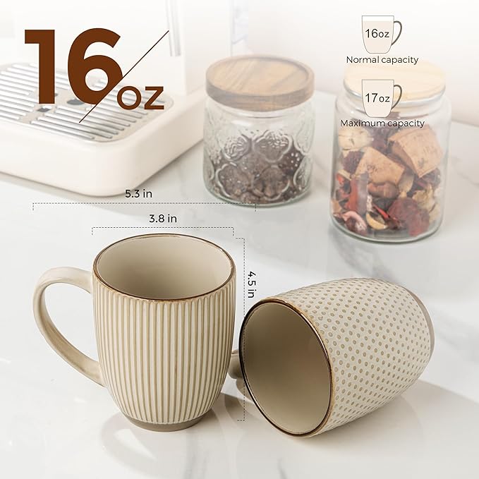 GBhome Large Coffee Mugs Set of 4, 16oz Handmade Embossed Coffee Mugs Set with Large Handle for Cappuccino/Latte/Tea/Hot Cocoa, Dishwasher & Microwave Safe, Khaki