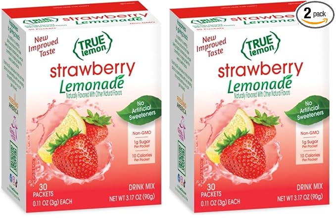 True Citrus True Lemon Strawberry Lemonade Water Enhancer Drink Mix, Low Calorie Drink for Water, Powdered & Flavors, Individual Drink Packets with Stevia, (30 Count) (Pack of 2)
