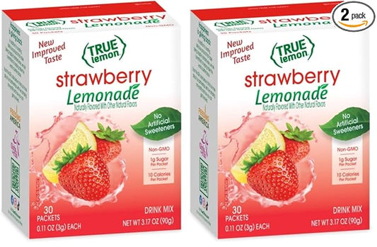 True Citrus True Lemon Strawberry Lemonade Water Enhancer Drink Mix, Low Calorie Drink for Water, Powdered & Flavors, Individual Drink Packets with Stevia, (30 Count) (Pack of 2)