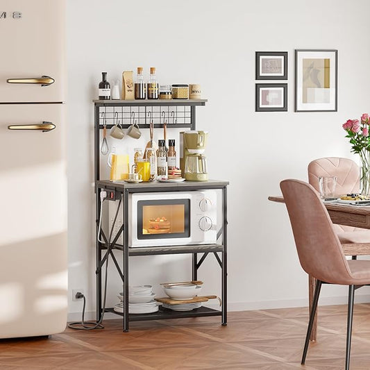 Furologee Kitchen Bakers Rack with Power Outlet, Coffee Bar Station with Storage 4 Tiers, Microwave Oven Stand with 6 S Hooks, Kitchen Storage Shelves Rack for Spices, Pots, Black Oak