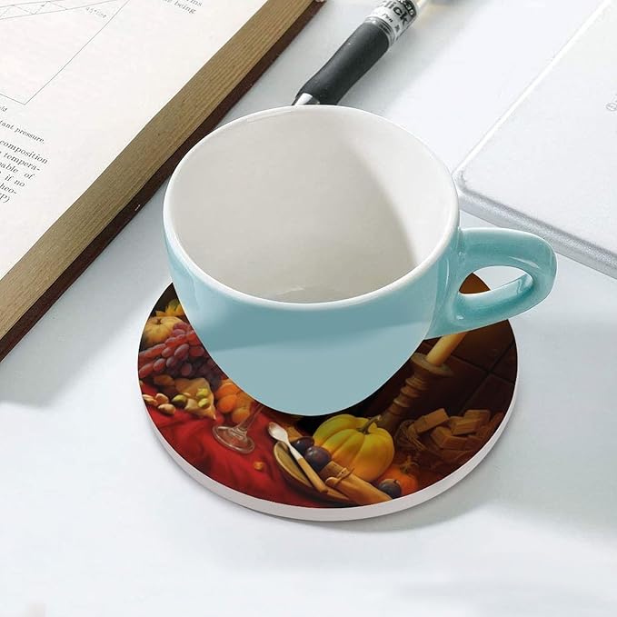 Round-6PCS Red Wine Drink Coasters, Round Modern Ceramic Absorbent Coasters, Retro Wood Red Wine Fruit Grapes Fruit Floral Sunflower Decor Desk Coffee Table Coaster for Beverage Cup Tea Coasters